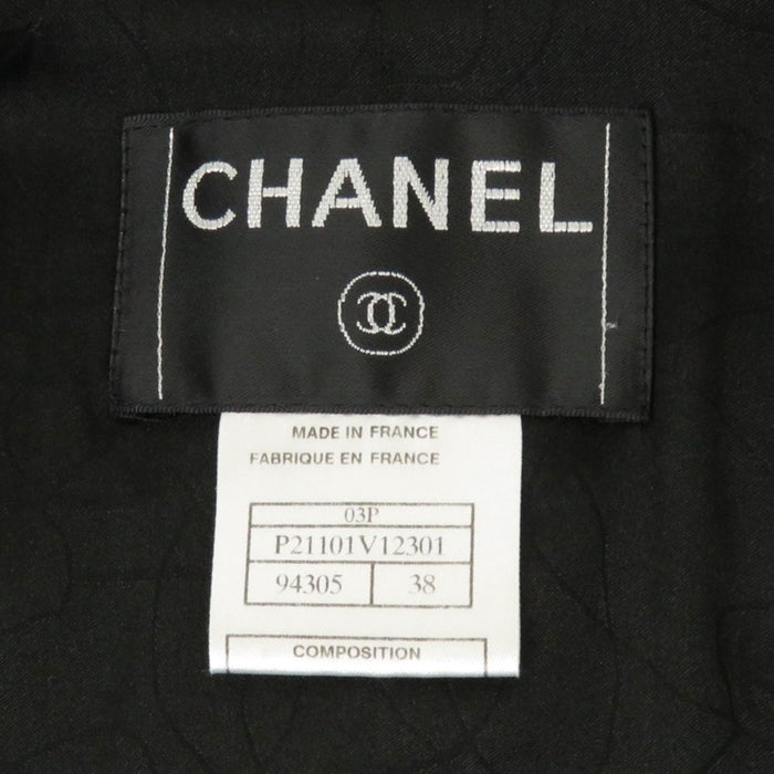 CHANEL
03P COCO CC ガンメタルブラックチェーン マドモアゼルボタン
カメリアコサージュ付き バイカラー ツイードジャケット