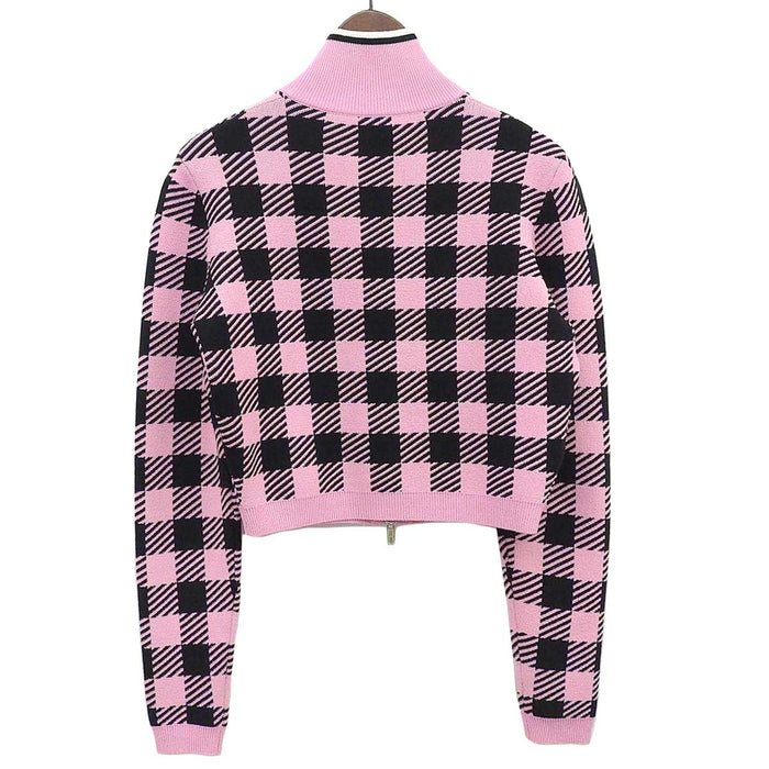 MIUMIU 
Check pattern logo double zip cropped length 
High neck zip-up cardigan