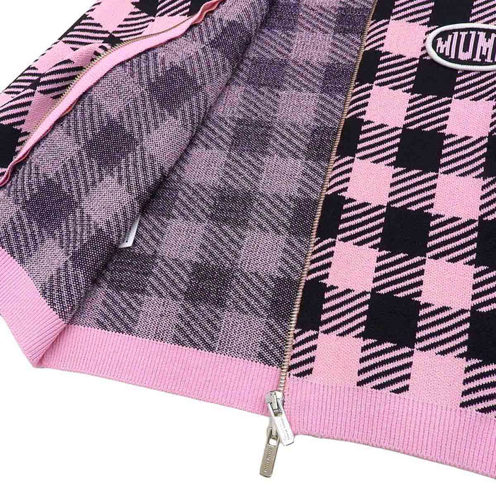 MIUMIU 
Check pattern logo double zip cropped length 
High neck zip-up cardigan