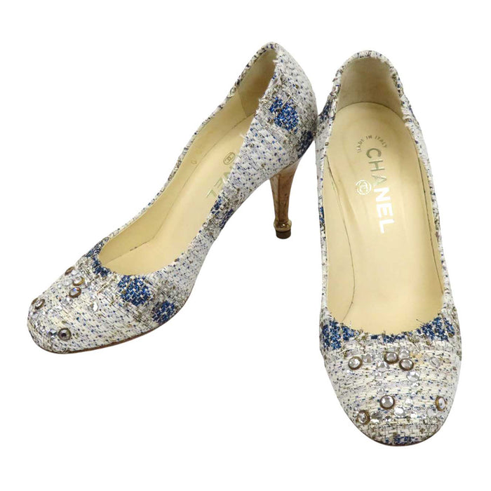 CHANEL 
COCO escarpins à talons en liège avec strass 
escarpins en tweed avec logo Coco