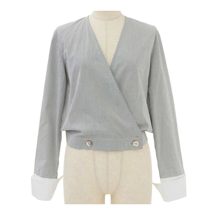 Monografia Camicia a maniche lunghe in cotone con motivo a quadri senza colletto a portafoglio
