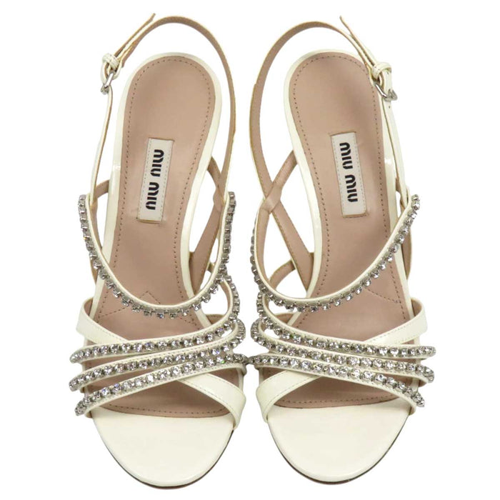 MIUMIU 
ハイヒール ピンヒール パテント 
ビジュー ストラップ サンダル
