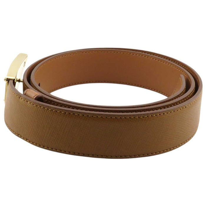 PRADA 
三角ロゴ ゴールドカラーメタル 
ロゴ トライアングル プレート バックル レザー ベルト