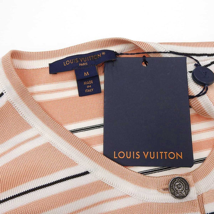 LOUIS VUITTON 
1ABQ9A LV ロゴ ワッペン ボーダー柄 ノースリーブ 
シルク ヘンリーネック タンクトップ