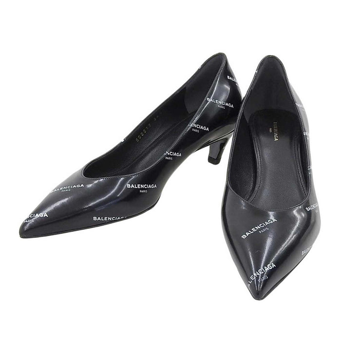 BALENCIAGA
Logo all-over pattern diagonal heel design
Logo slash heel pumps