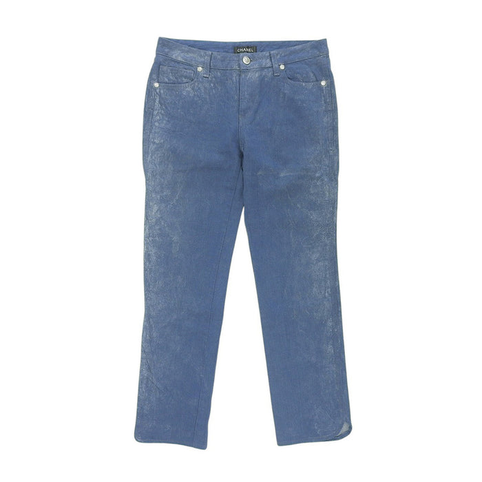 CHANEL 
09P COCO CC logo bouton Coco pailleté coton 
marque Coco paillettes pantalon en jean 
matelassé