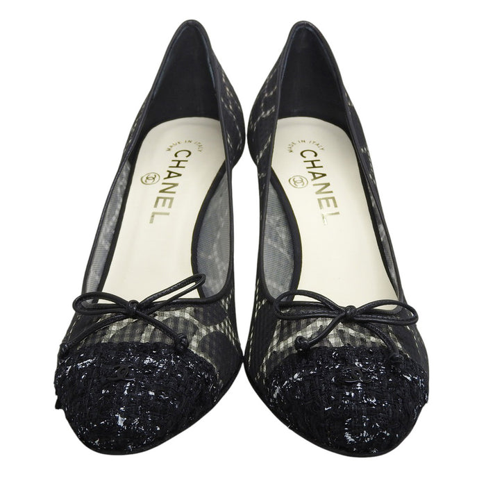 CHANEL 
COCO CC logo tweed ribbon leather fabric 
Coco mark camellia high heel sheer pumps