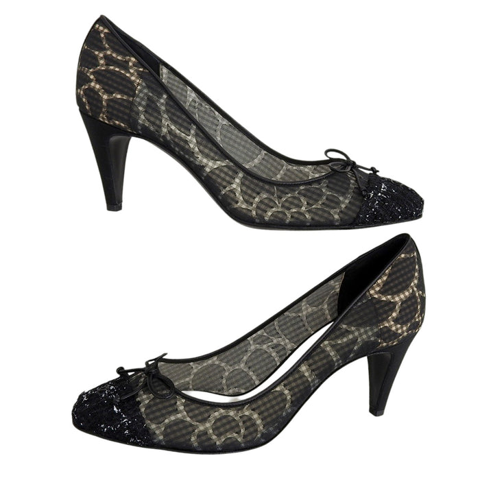 CHANEL 
COCO CC logo tweed ribbon leather fabric 
Coco mark camellia high heel sheer pumps