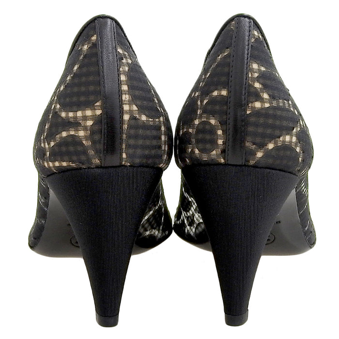 CHANEL 
COCO CC logo tweed ribbon leather fabric 
Coco mark camellia high heel sheer pumps