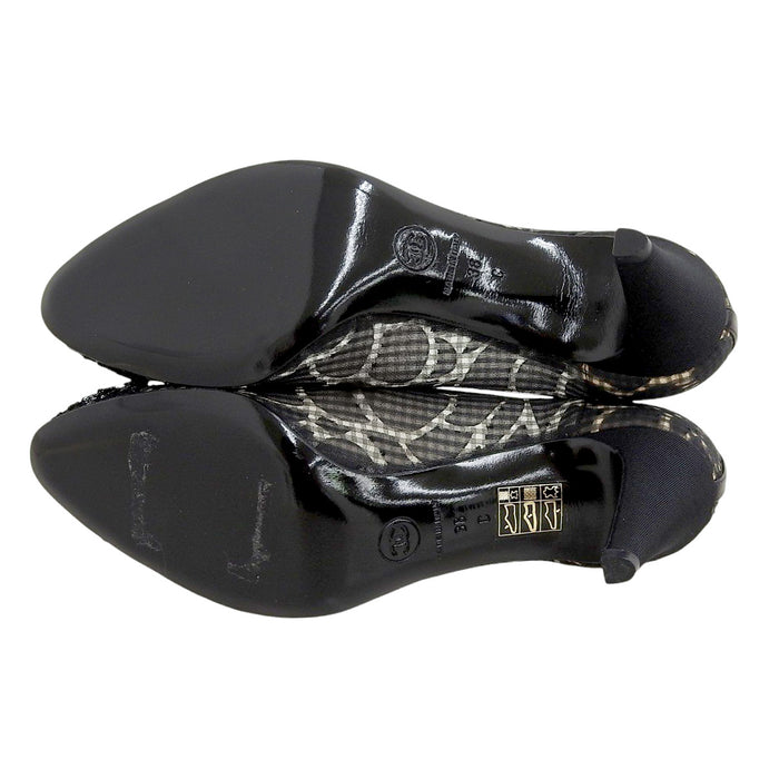 CHANEL 
COCO CC logo tweed ribbon leather fabric 
Coco mark camellia high heel sheer pumps