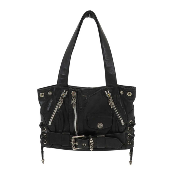CHROME HEARTS 
JJ DEAN SMALL Dagger Zip Cross Ball Sterling Silver 
Leather Riders Handbag