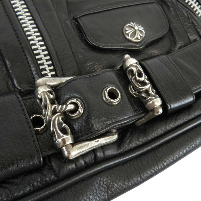 CHROME HEARTS 
JJ DEAN SMALL Dagger Zip Cross Ball Sterling Silver 
Leather Riders Handbag