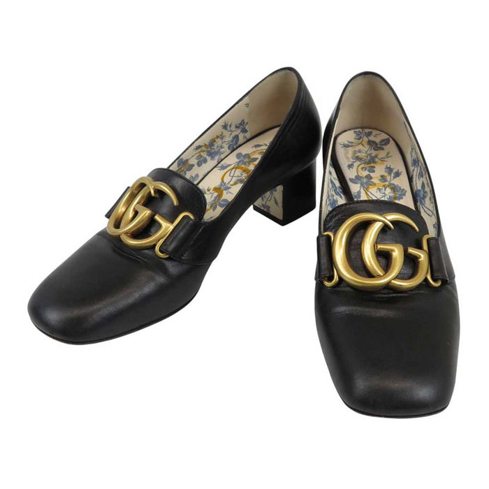 GUCCI 
ダブルG ロゴ 花柄 レザー ゴールドカラーメタル 
GGマーモント チャンキーヒール パンプス