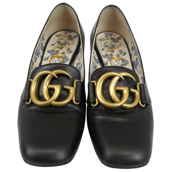 GUCCI 
ダブルG ロゴ 花柄 レザー ゴールドカラーメタル 
GGマーモント チャンキーヒール パンプス