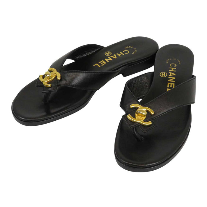 CHANEL 
COCO CC logo leather gold color metal fittings 
Coco mark turn lock flat sandals