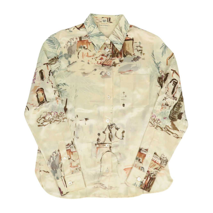 HERMES 
ヤシの木 ロゴボタン 
総柄 シルクシャツ
