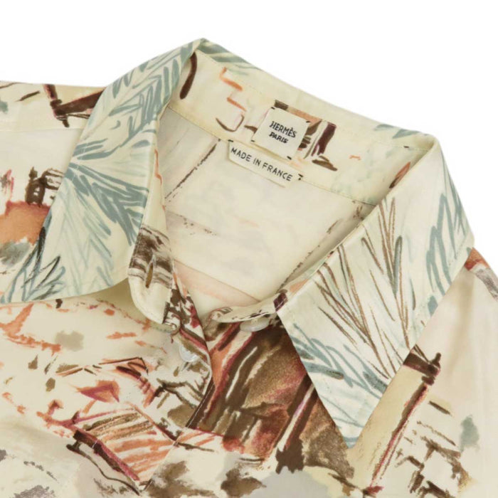 HERMES 
ヤシの木 ロゴボタン 
総柄 シルクシャツ