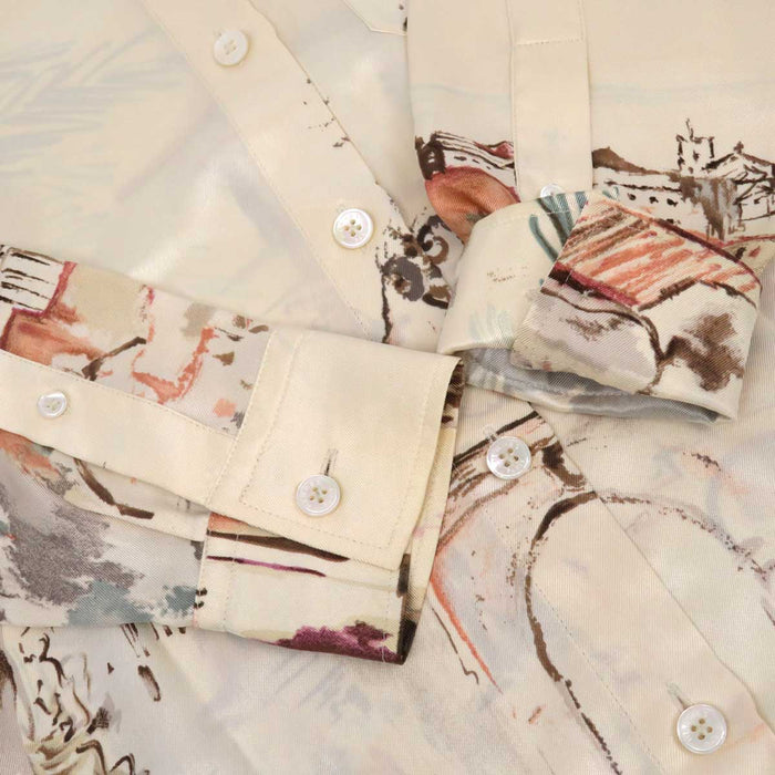 HERMES 
ヤシの木 ロゴボタン 
総柄 シルクシャツ