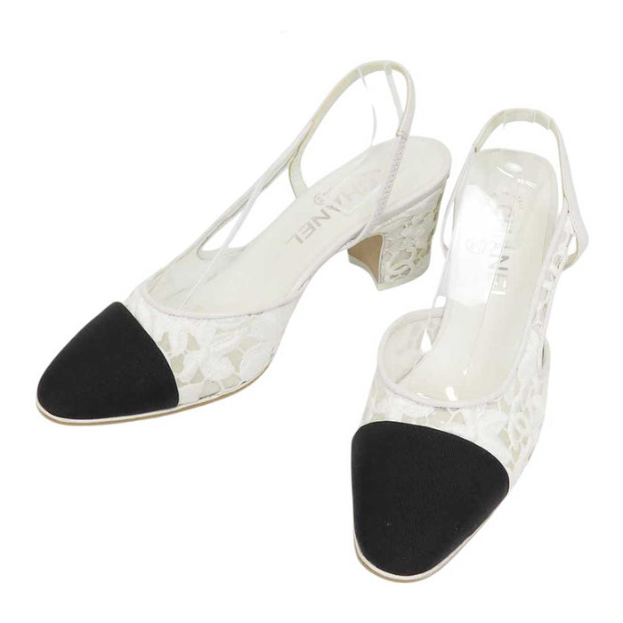 CHANEL 
COCO CC logo sheer embroidered grosgrain flower 
Coco mark slingback lace pumps