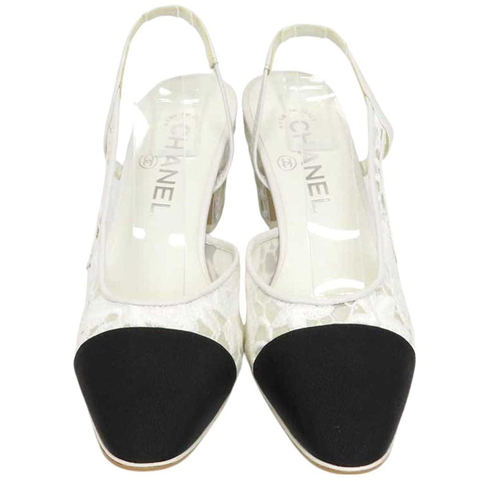 CHANEL 
COCO CC logo sheer embroidered grosgrain flower 
Coco mark slingback lace pumps
