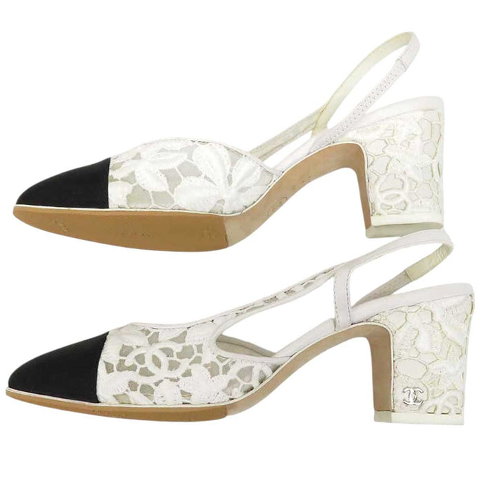 CHANEL 
COCO CC logo sheer embroidered grosgrain flower 
Coco mark slingback lace pumps