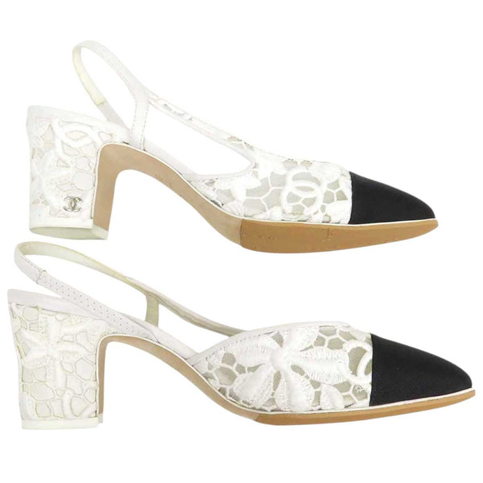 CHANEL 
COCO CC logo sheer embroidered grosgrain flower 
Coco mark slingback lace pumps