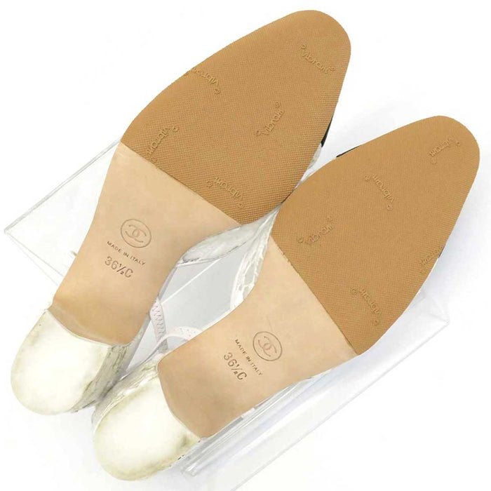 CHANEL 
COCO CC logo sheer embroidered grosgrain flower 
Coco mark slingback lace pumps