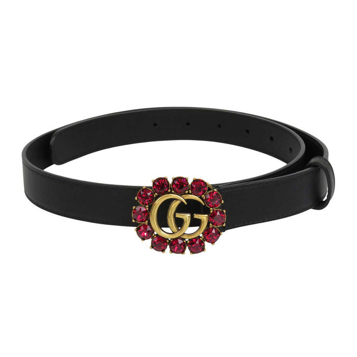 GUCCI 
ダブルG ロゴ ラインストーン レザー ゴールドカラーメタル 
GGマーモント ビジュー ベルト