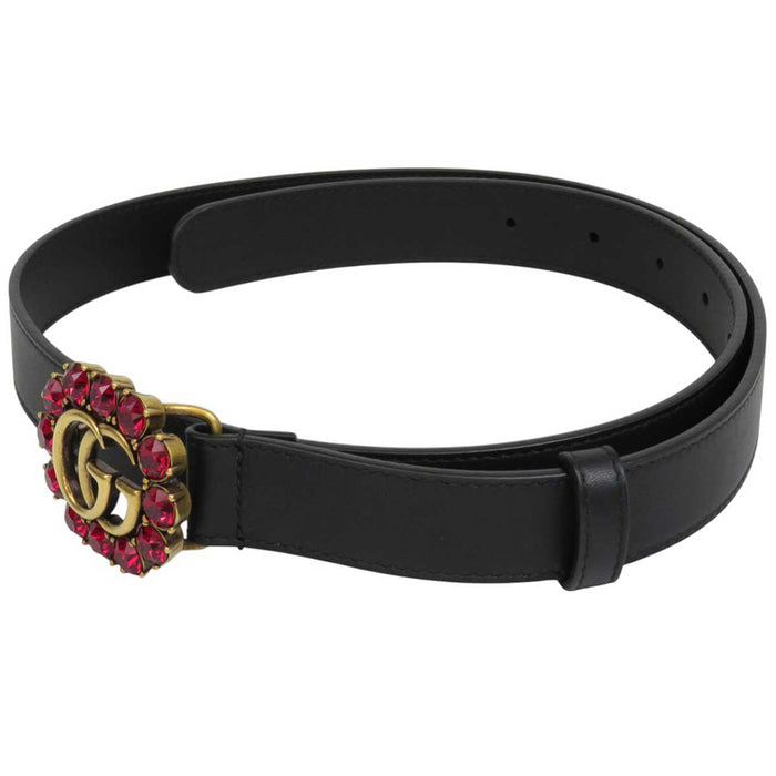 GUCCI 
ダブルG ロゴ ラインストーン レザー ゴールドカラーメタル 
GGマーモント ビジュー ベルト