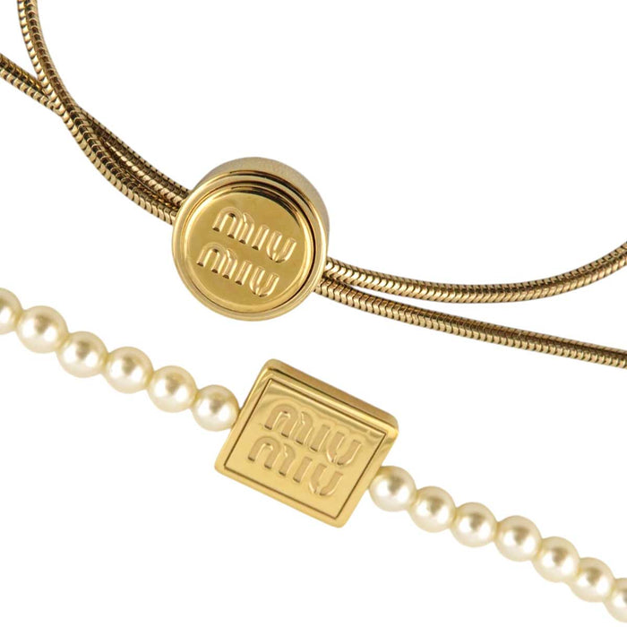 MIUMIU 
Gold Color Metal 
Logo Plate Fake Pearl Necklace