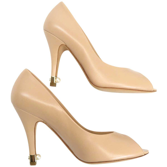 CHANEL 
COCO CC Logo High Heel Leather 
Coco Mark Open Toe Pumps