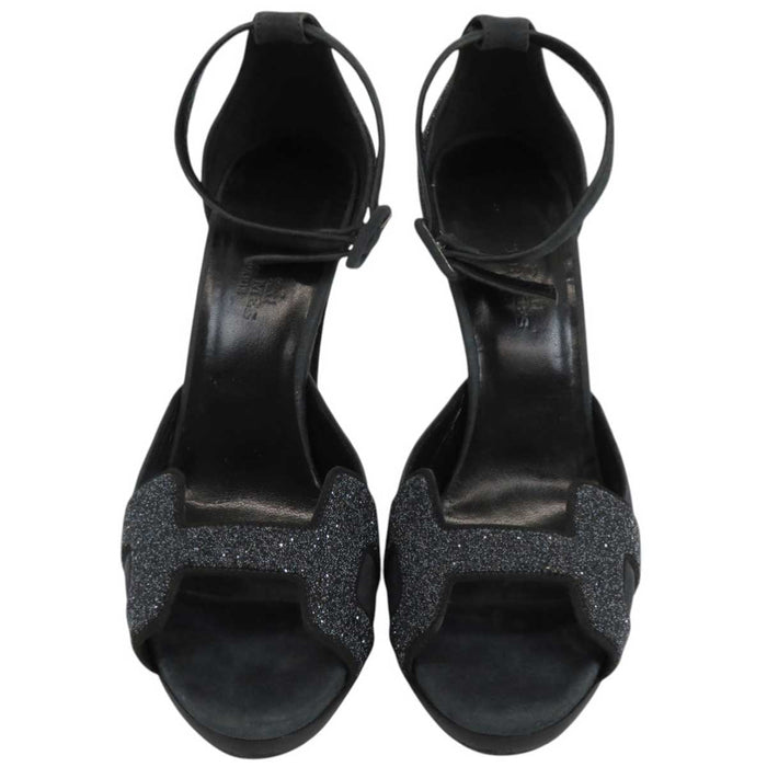 HERMES 
H アッシュ ロゴ オープントゥ ハイヒール ピンヒール 
アンクルストラップ グリッター サンダル