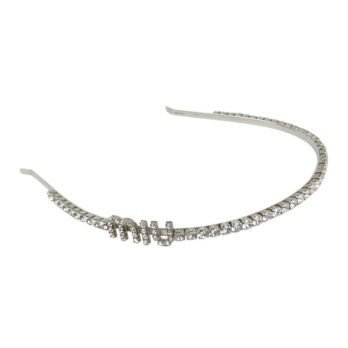 MIUMIU 
リジッド ヘアバンド カチューシャ シルバーカラーメタル 
ロゴ クリスタル ビジュー ヘアアクセサリー