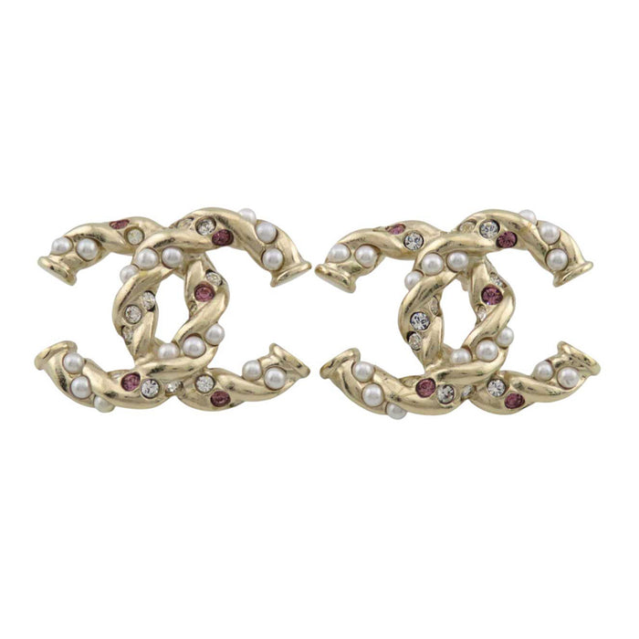 CHANEL 
COCO CC Logo A23B Light Gold Metal Stud Earrings 
Coco Mark Costume Pearl Strass Earrings