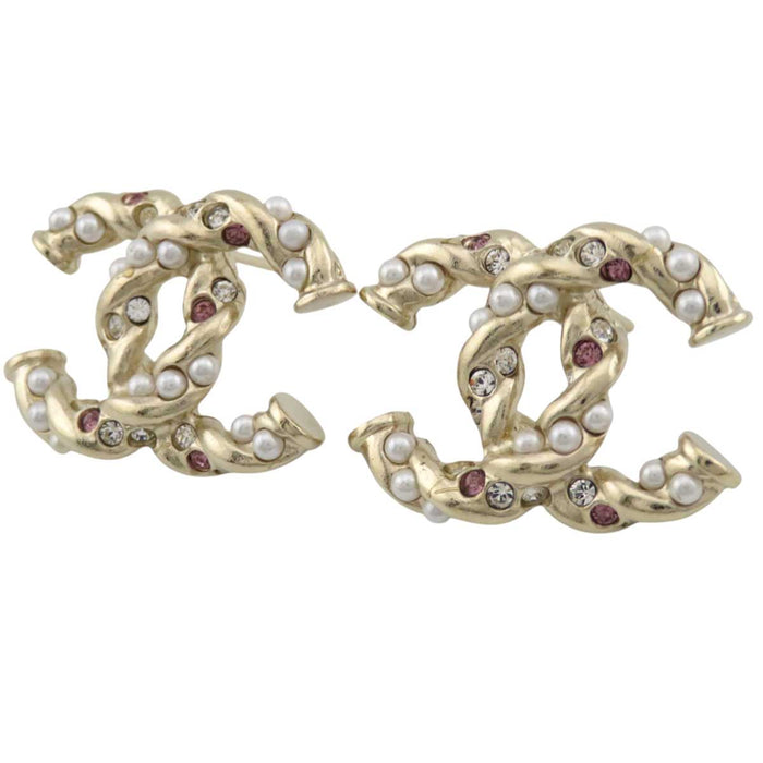 CHANEL 
COCO CC Logo A23B Light Gold Metal Stud Earrings 
Coco Mark Costume Pearl Strass Earrings