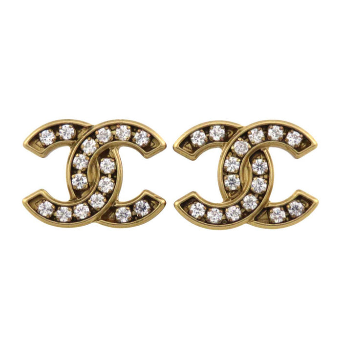 CHANEL 
COCO CC Logo A21C Rhinestone Gold Color Metal 
Coco Mark Strass Bijou Stud Earrings