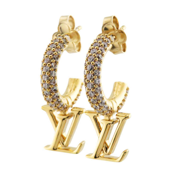 LOUIS VUITTON 
ロゴ ゴールドカラーメタル ラインストーン ビジュー 
フープ LV アイコニック ピアス