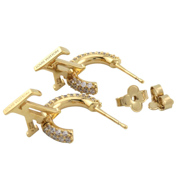 LOUIS VUITTON 
ロゴ ゴールドカラーメタル ラインストーン ビジュー 
フープ LV アイコニック ピアス