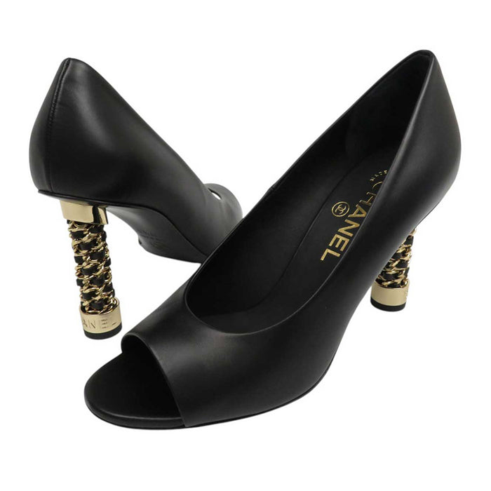 CHANEL
Chain Logo Leather Gold Color Fittings
Open Toe High Heel Pumps