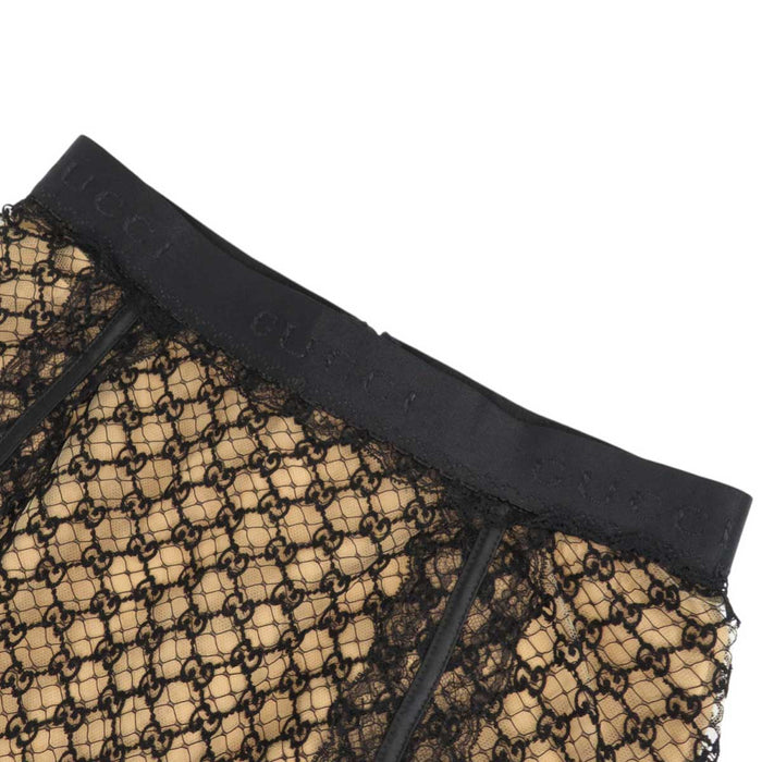 GUCCI 
Lace Logo Sheer Silk Blend 
GG Net Skirt