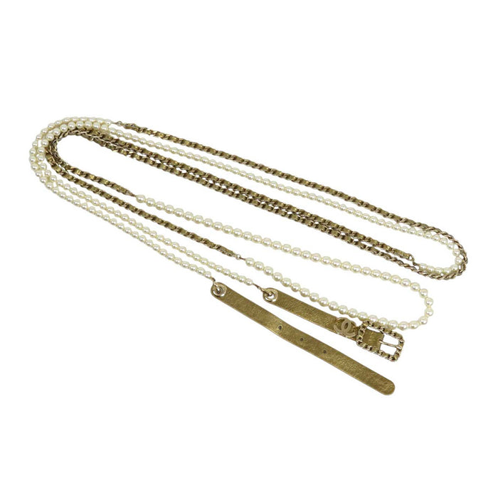 CHANEL 
B20A COCO CC Logo Leather 
Coco Mark Costume Pearl Chain Belt