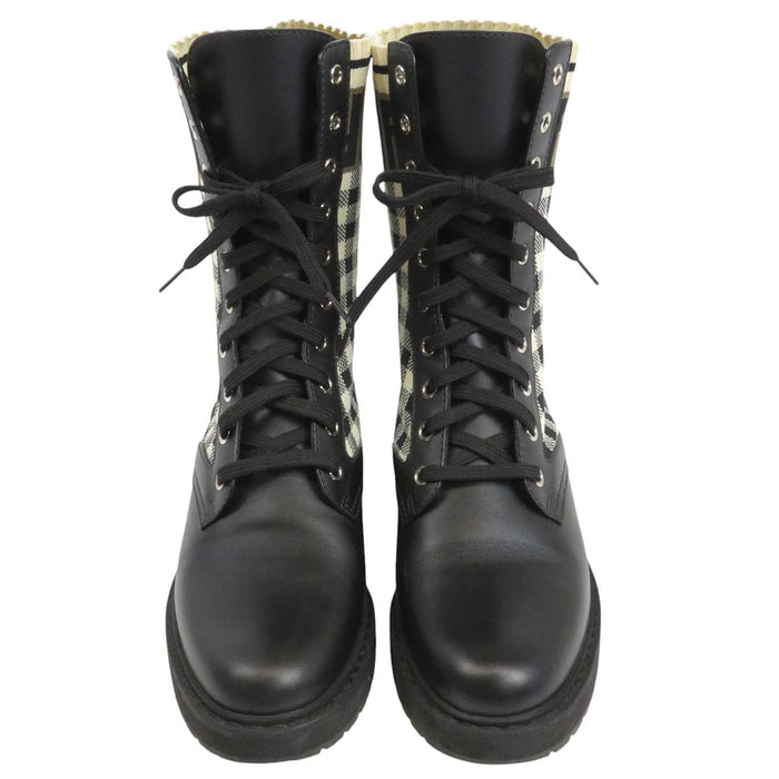 FENDI 
ロゴ チェック柄 
FF レザー ニット レースアップ ブーツ