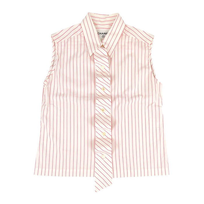CHANEL 
COCO CC ココボタン ロゴ コットン 
ココマーク ストライプ ボウタイ ノースリーブシャツ