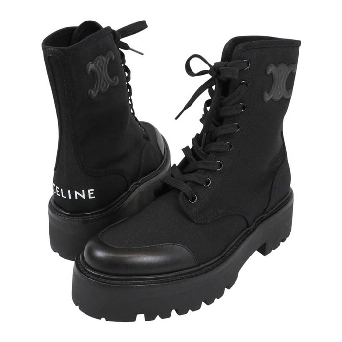 CELINE 
ロゴ ラバーアウトソール レザーキャップ ラウンドトゥ 
トリオンフ レザーパッチ バルキー レースアップブーツ