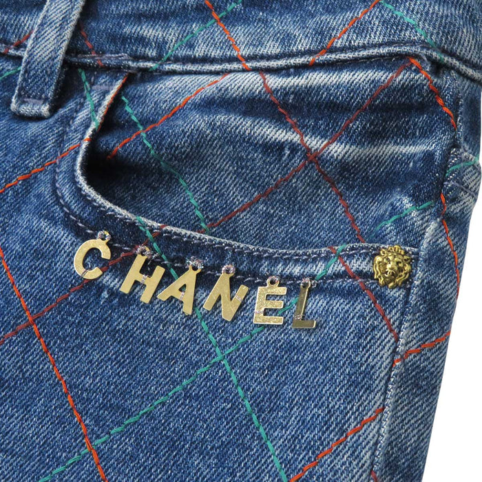 CHANEL 
COCO CC 裾ジップ コットン 
ココマーク マトラッセ ステッチ デニムパンツ