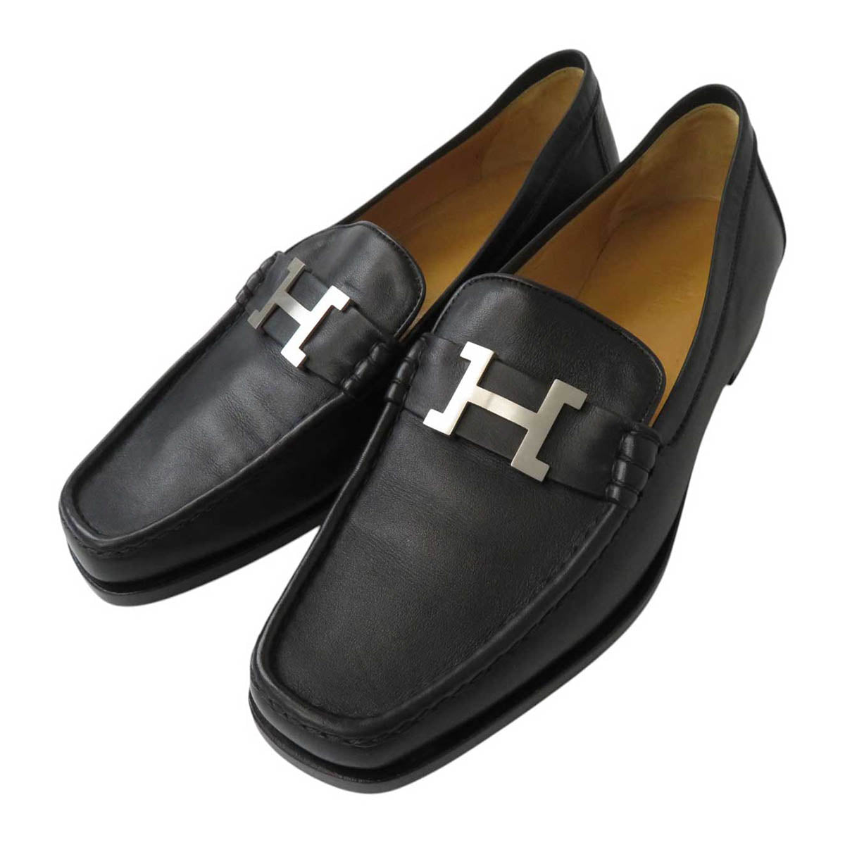 HERMES ブラックレザー ローファー エルメス レザー ローファー 40 メンズ ブラック ジョヴァンニ