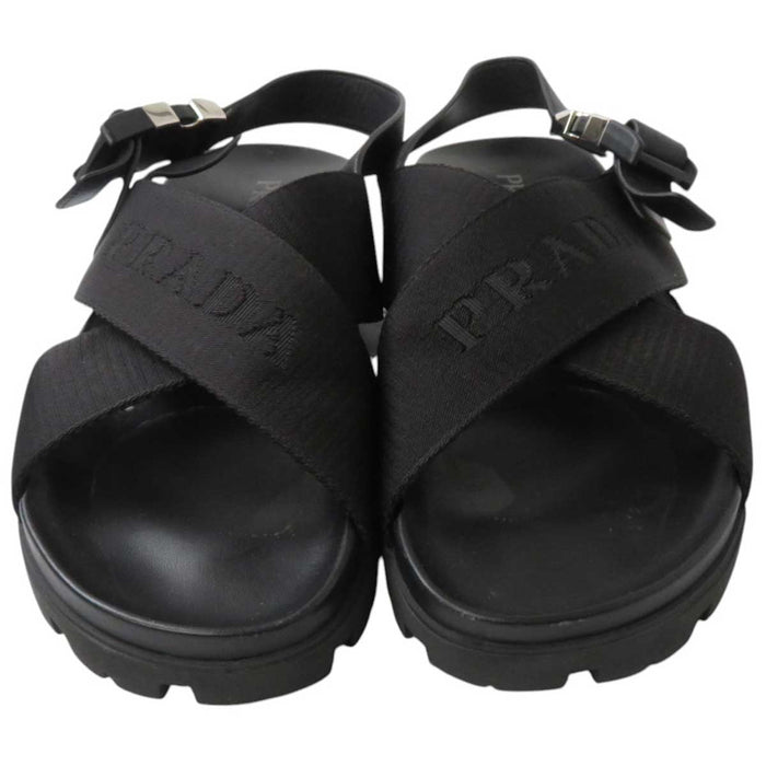 PRADA 
ロゴ レザー ファブリック 
クロスバックル サンダル