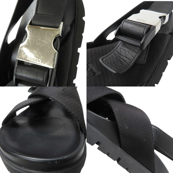 PRADA 
ロゴ レザー ファブリック 
クロスバックル サンダル