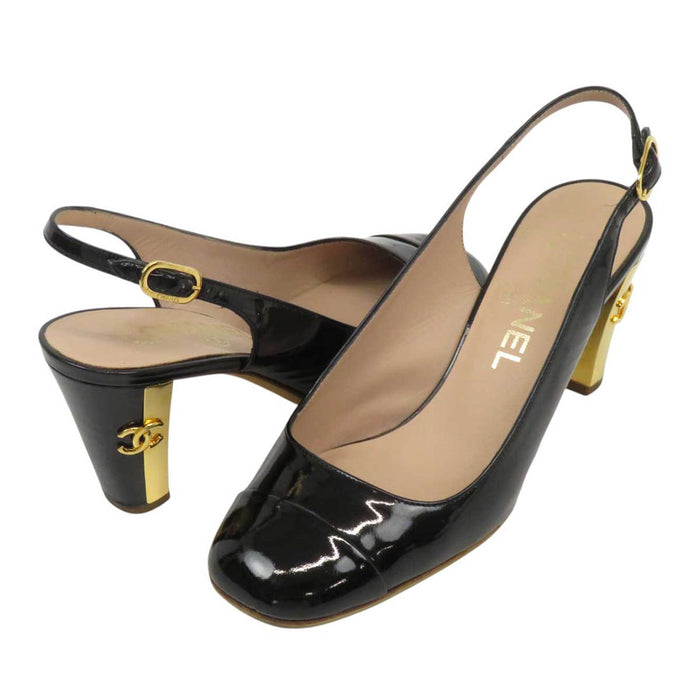 CHANEL 
09C ロゴ COCO CC ハイヒール チャンキーヒール 
ココマーク バックストラップ パテント パンプス