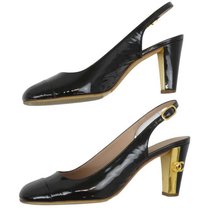 CHANEL 
09C ロゴ COCO CC ハイヒール チャンキーヒール 
ココマーク バックストラップ パテント パンプス